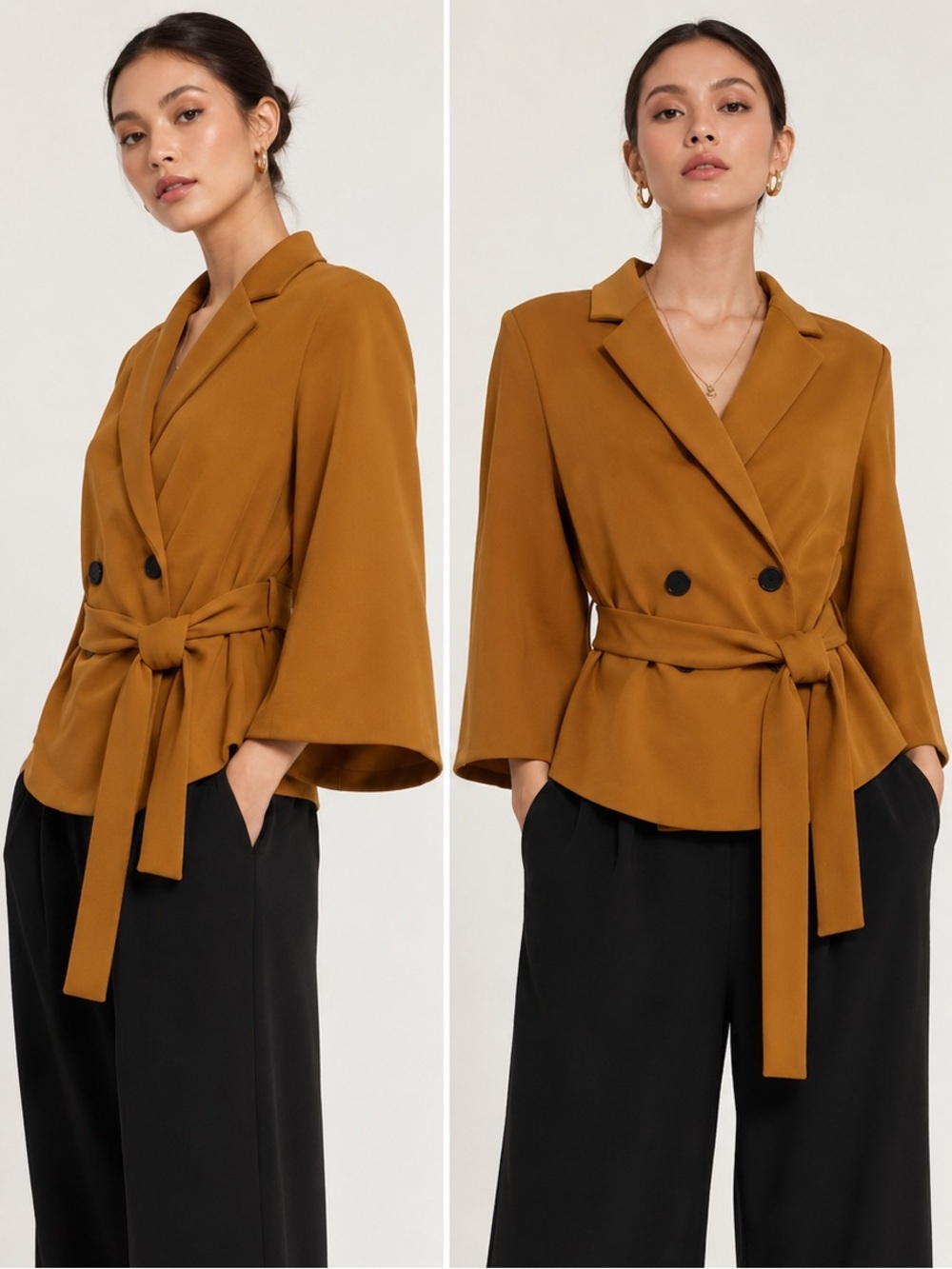 The Fold Wide Sleeve Double Breasted Belt Blazer Jacket